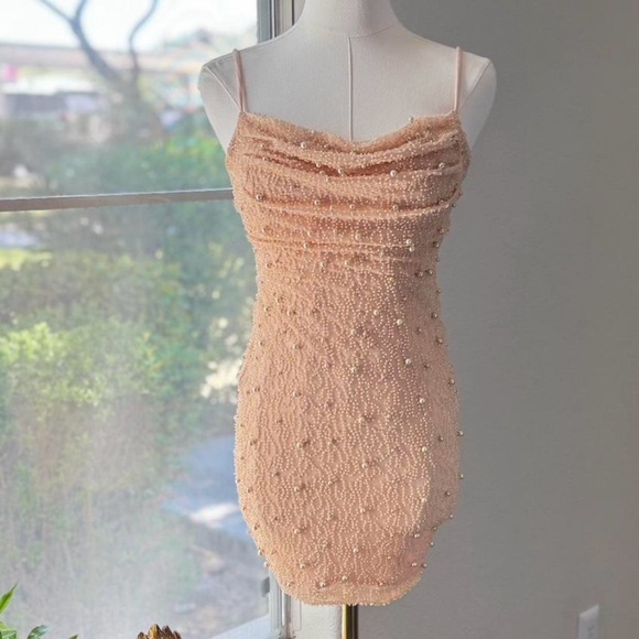 Oh Polly, Size 4, NWT Seychelles Embellished Cowl Neck Mini Dress in Blush - Picture 1 of 5